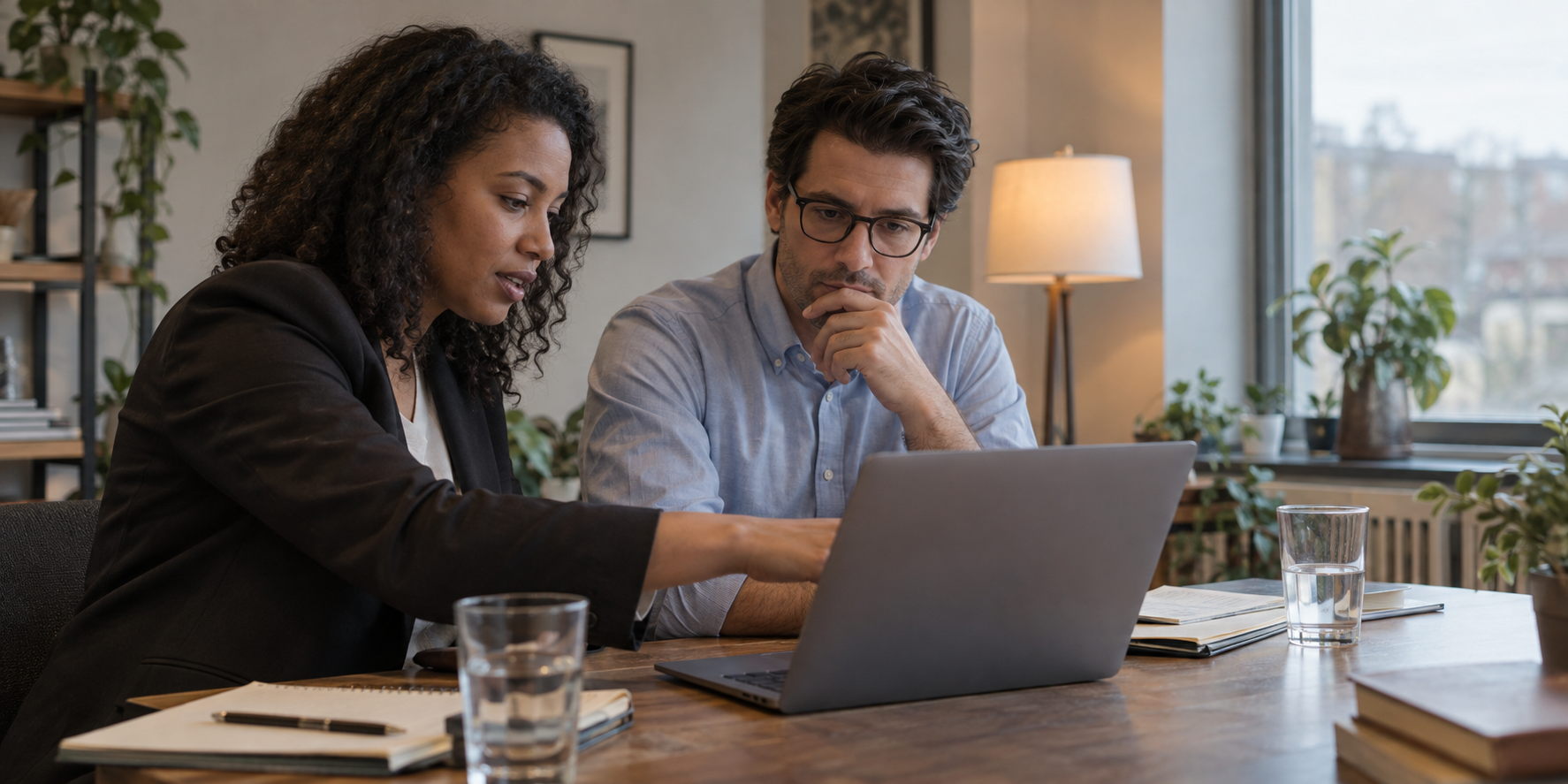 Two professionals reviewing an organized record together at a laptop