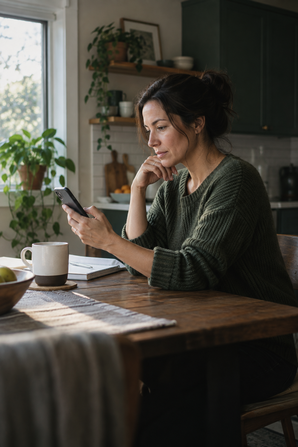 An adult thoughtfully reviewing a call on her phone at home